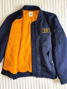 Vans Varsity Club Bomber Jacket Navy Blue Orange Lining XS Like New